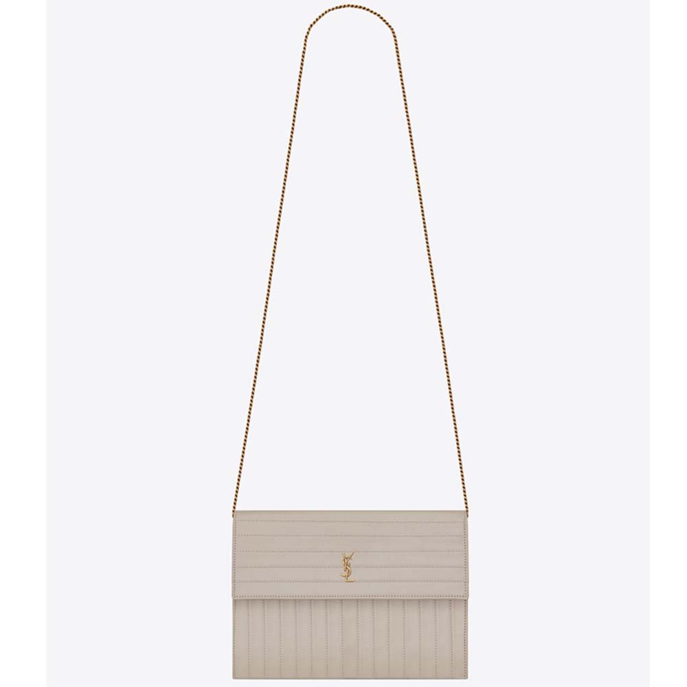 Front view of Saint Laurent YSL Women Victoire Chain Bag Crinkled Leather-White