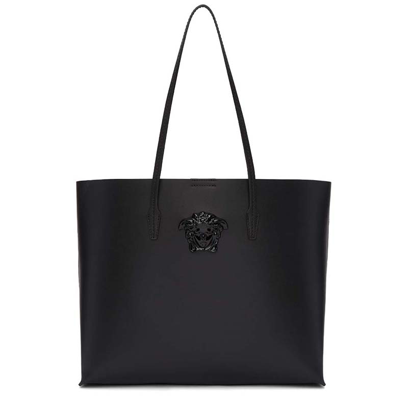 Front view of Versace Large Medusa Leather Tote Bag-Black with gold Medusa emblem