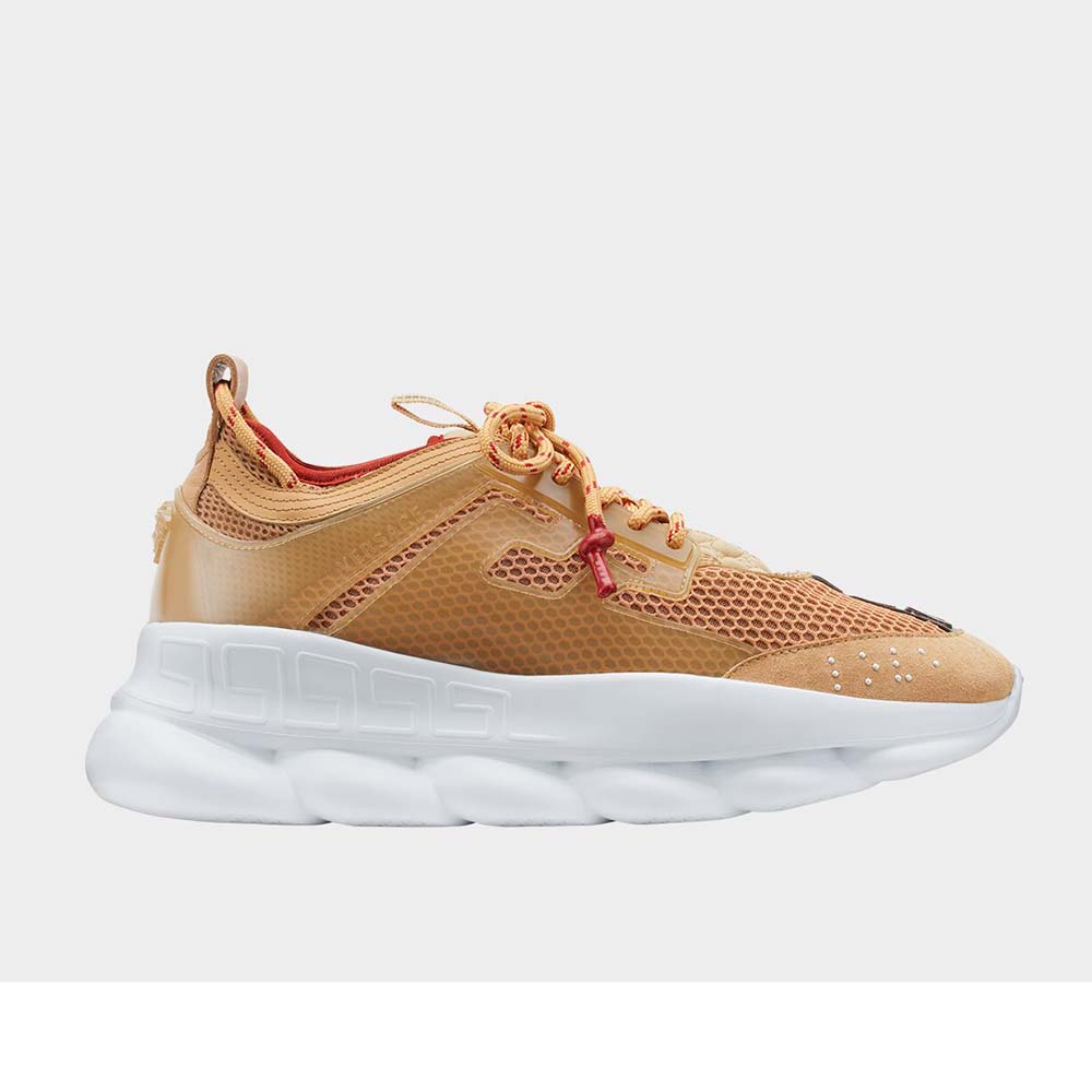 Side view of Versace Men Chain Reaction Sneakers-Gold showing gold leather