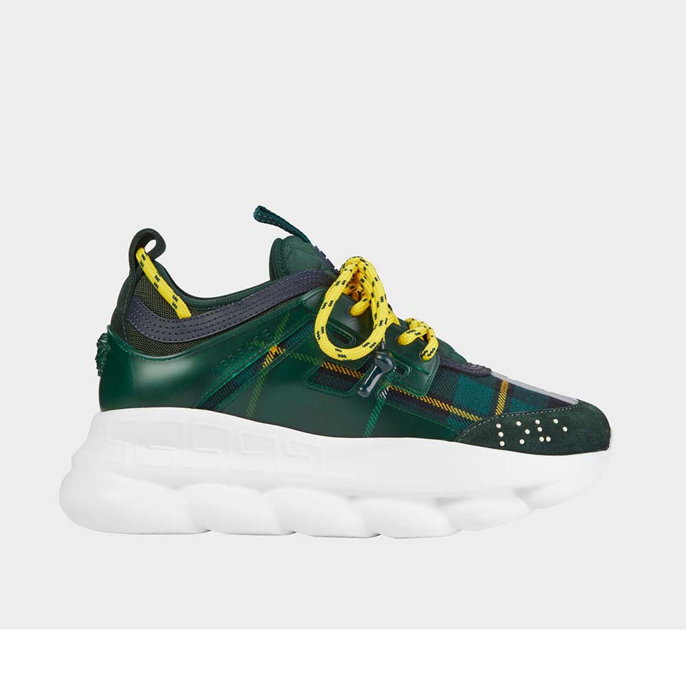 Side view of Versace Men Chain Reaction Sneakers-Green showing chain-link sole