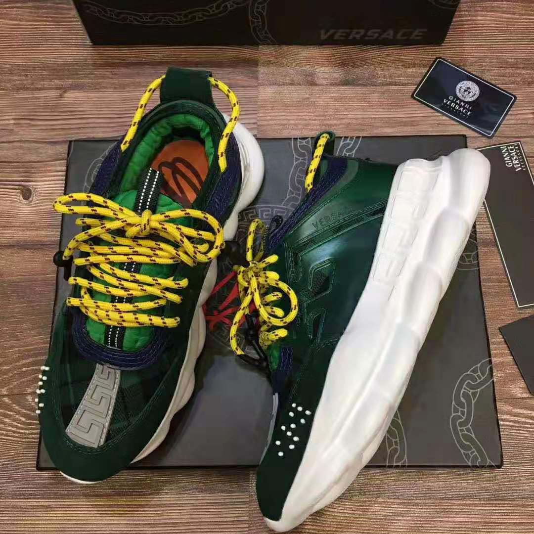 Overhead shot of Versace Men Chain Reaction Sneakers-Green highlighting high-top silhouette