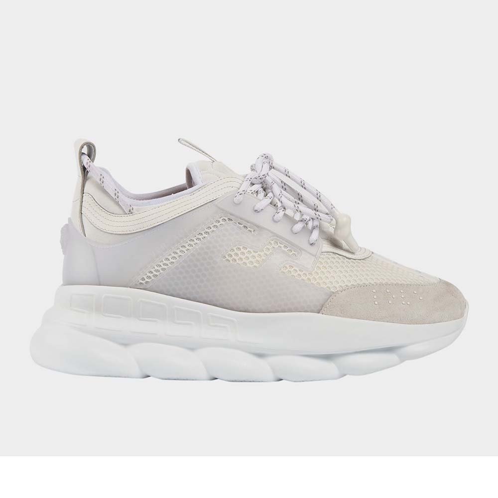 Side view of Versace Men Chain Reaction Sneakers-White showing chain-link sole