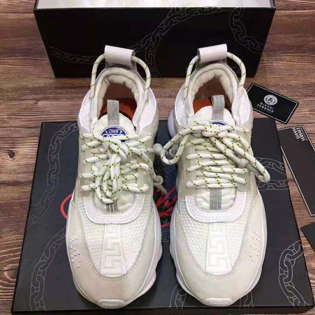 Top view of lace-up closure on Versace Men Chain Reaction Sneakers-White