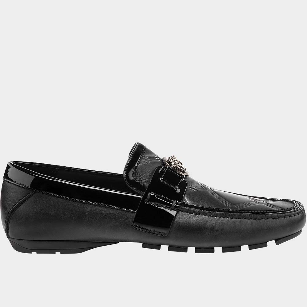 Front angled view of Versace Men Greca Embossed Driver Shoes-Black