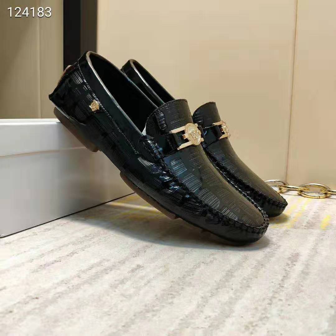 Side profile showing gold hardware on Versace Men Greca Driver Shoes