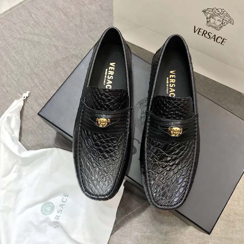 Top angle of sleek black leather on Versace Men Imola Moccasins
