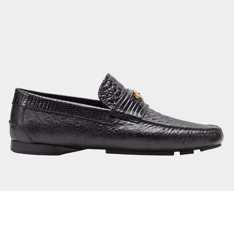 Side view of Versace Men Imola Leather Moccasins Shoes Black