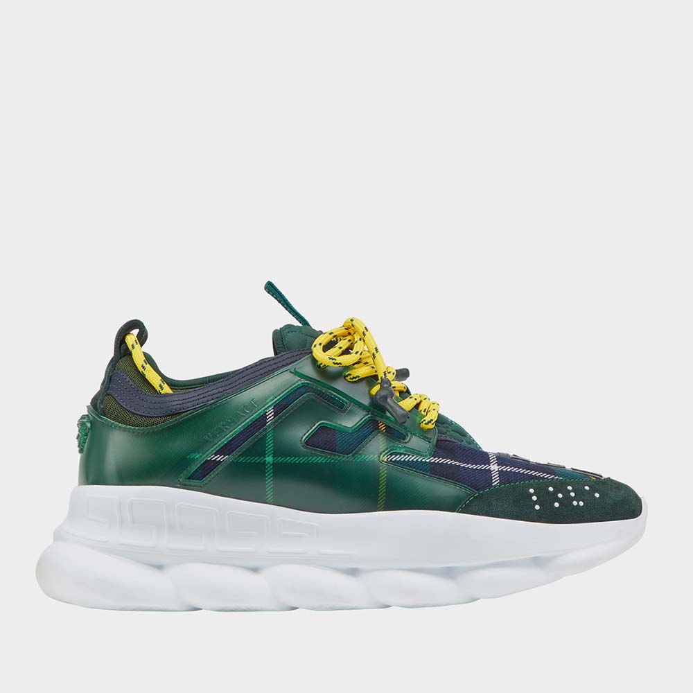 Side view of Versace Men Shoes Chain Reaction Sneaker Tartan-Green