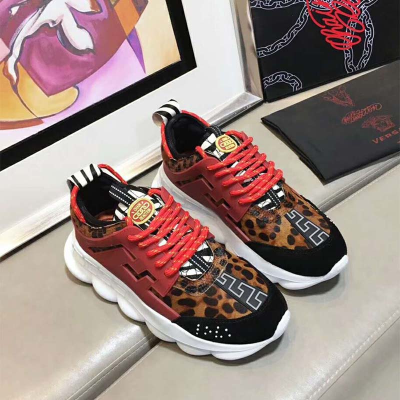 Top detail of Versace Men Shoes Chain Reaction Sneakers-Brown with gold Medusa hardware