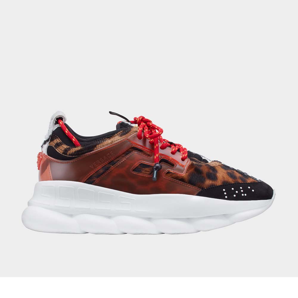 Side view of Versace Men Shoes Chain Reaction Sneakers-Brown showing leather texture