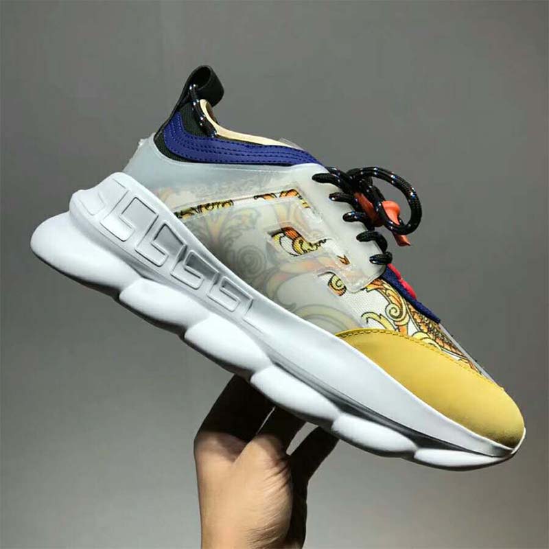 Top view showing lace closure on Versace Men Shoes Chain Reaction Sneakers-Yellow