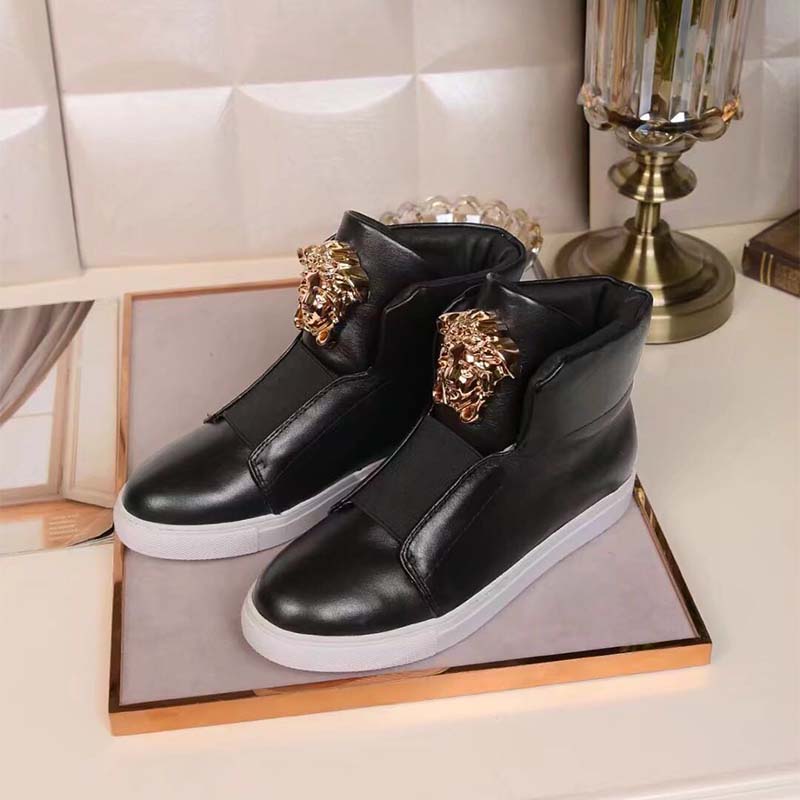Top-down angle of black leather Versace Men Shoes Palazzo High-Top Sneakers