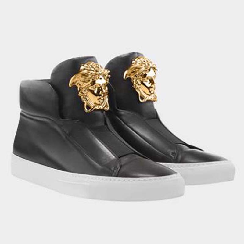 Side view of Versace Men Shoes Palazzo High-Top Sneakers-Black showing silhouette