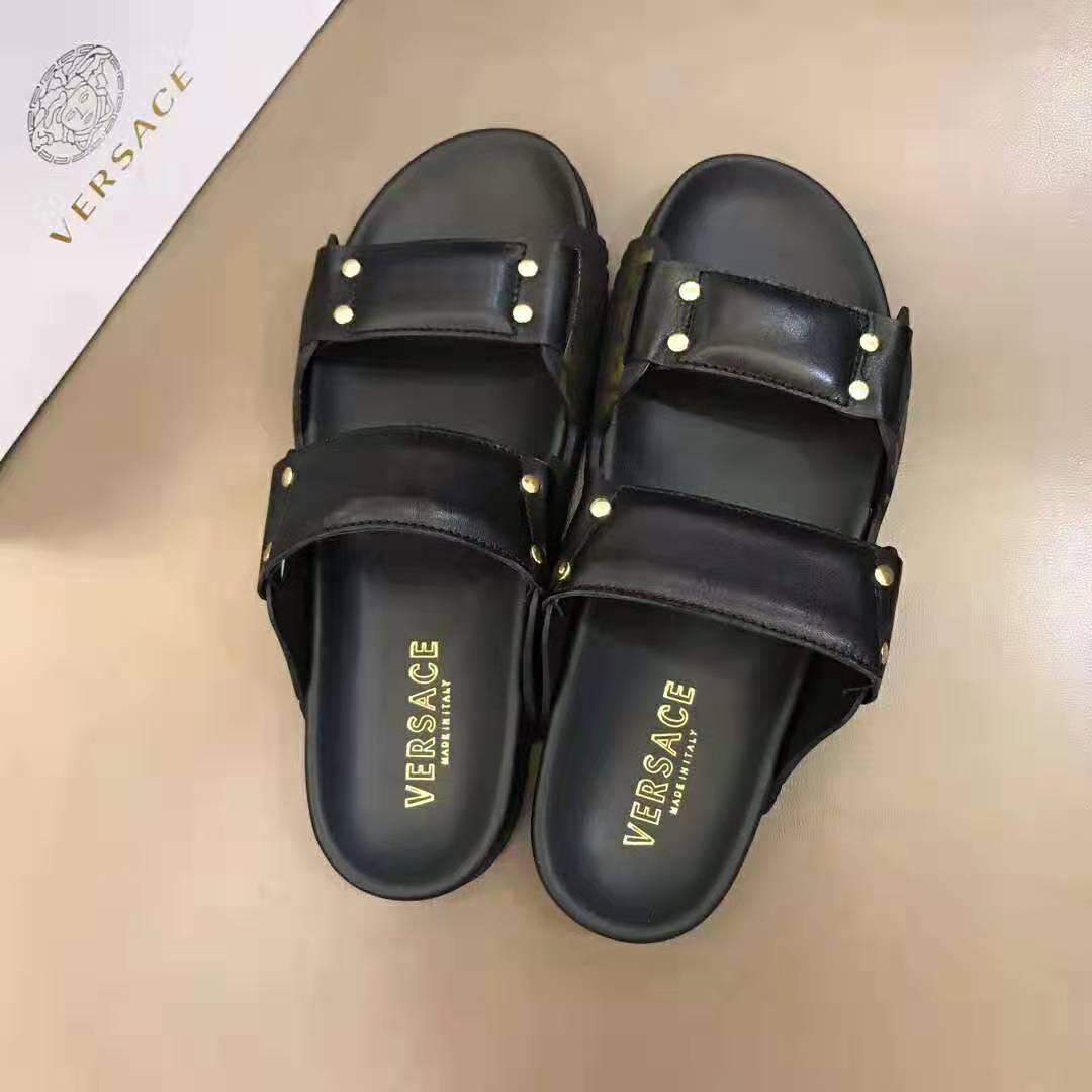 Versace Men Speed Logo Leather Sandals-Black - image 4
