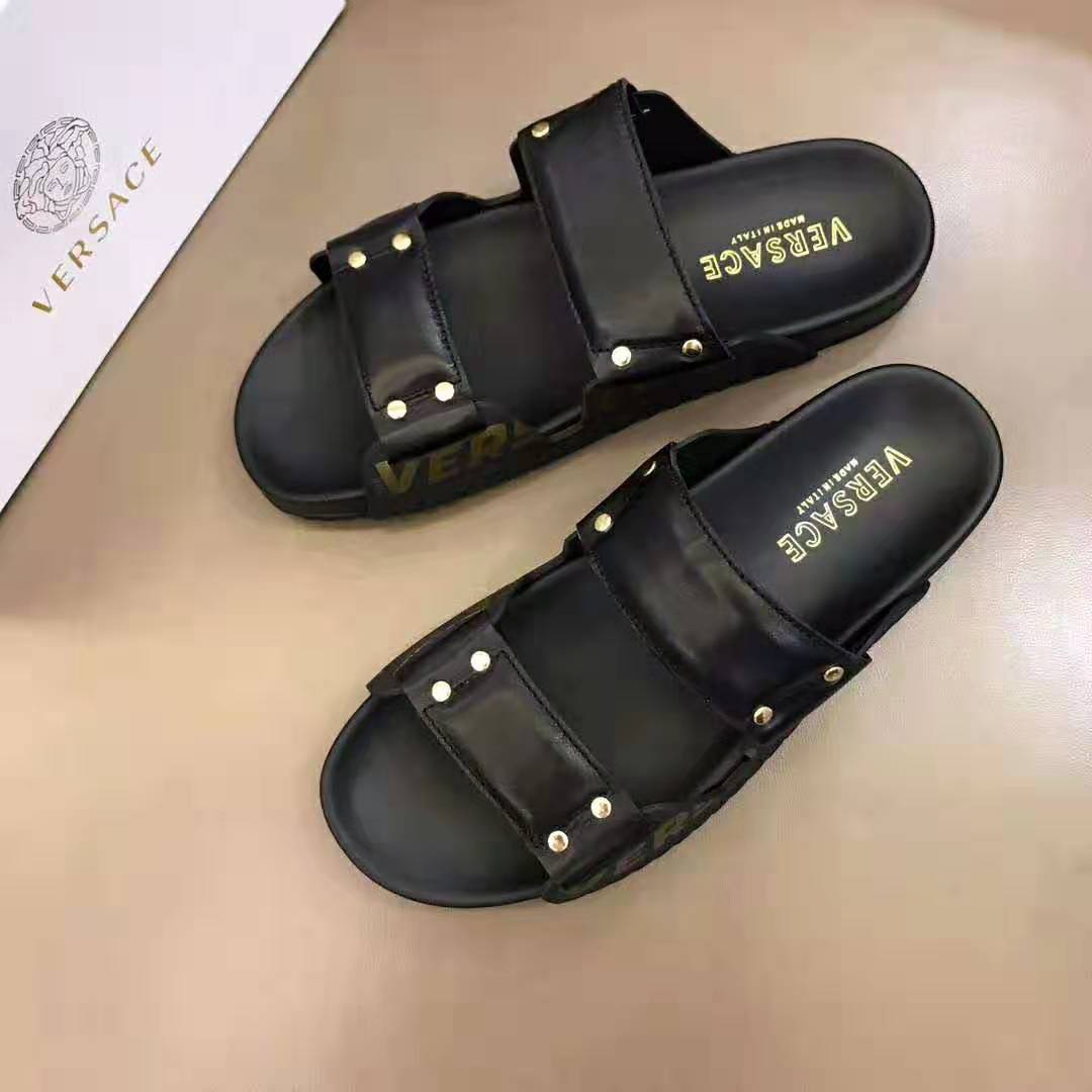 Versace Men Speed Logo Leather Sandals-Black - image 5