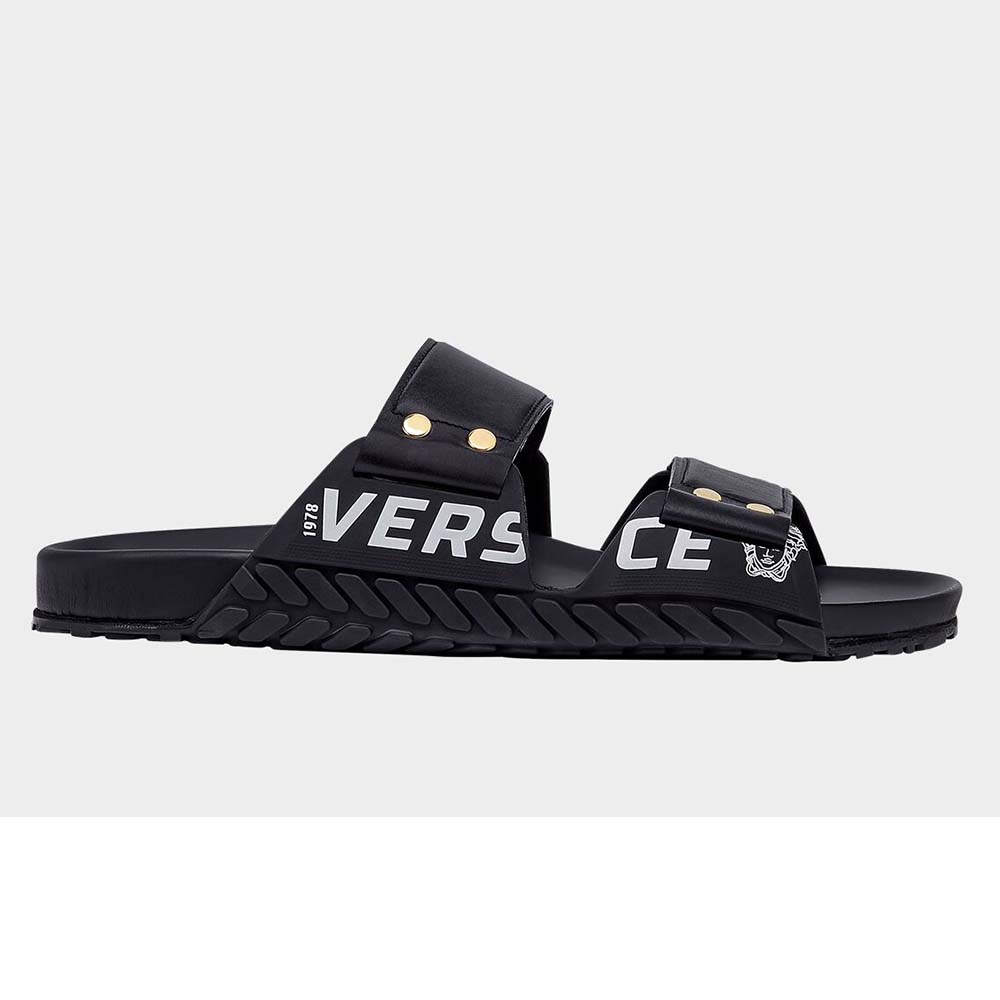 Side view of Versace Men Speed Logo Leather Sandals-Black showing silhouette