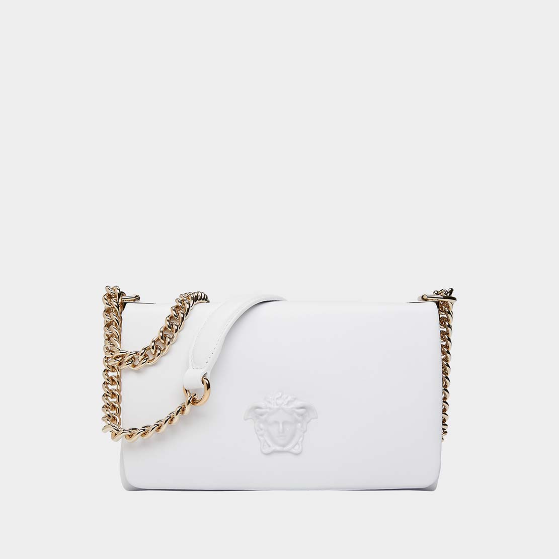 Front view of Versace Palazzo Cross-Body Bag in white nappa leather