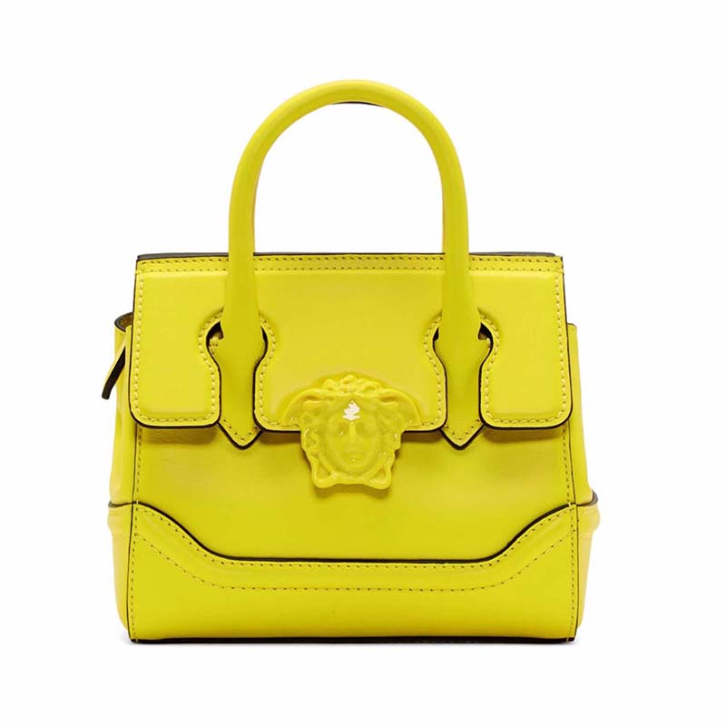 Front view of Versace Palazzo Empire Medium Bag in vibrant yellow calf leather