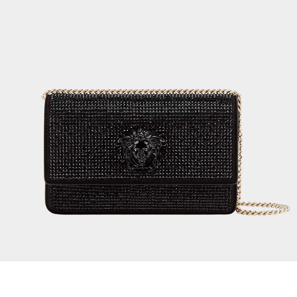 Front view of Versace Women Crystal Palazzo Evening Bag-Black with crystal flap