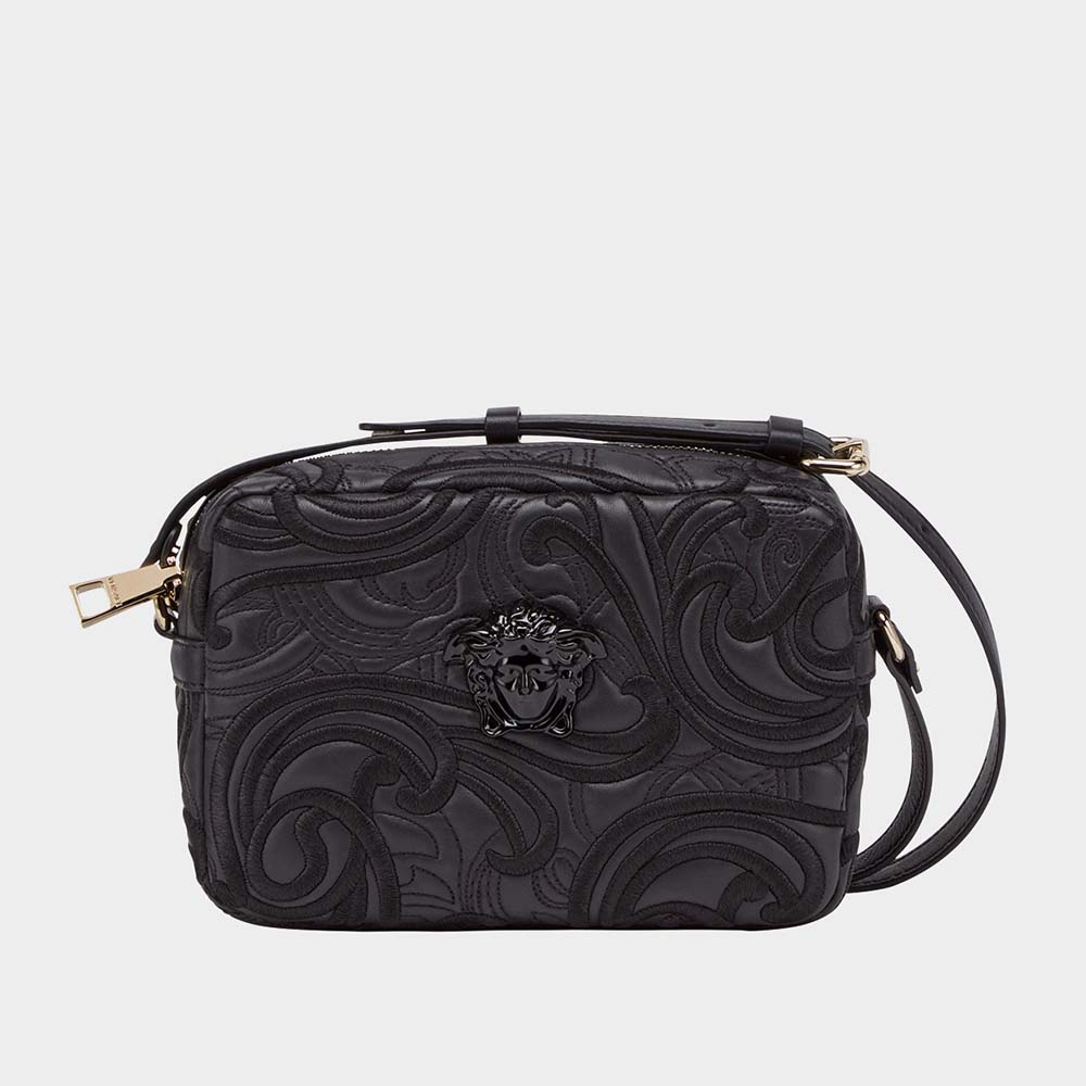Front view of Versace Women Embroidered Baroque Shoulder Bag-Black with embroidery