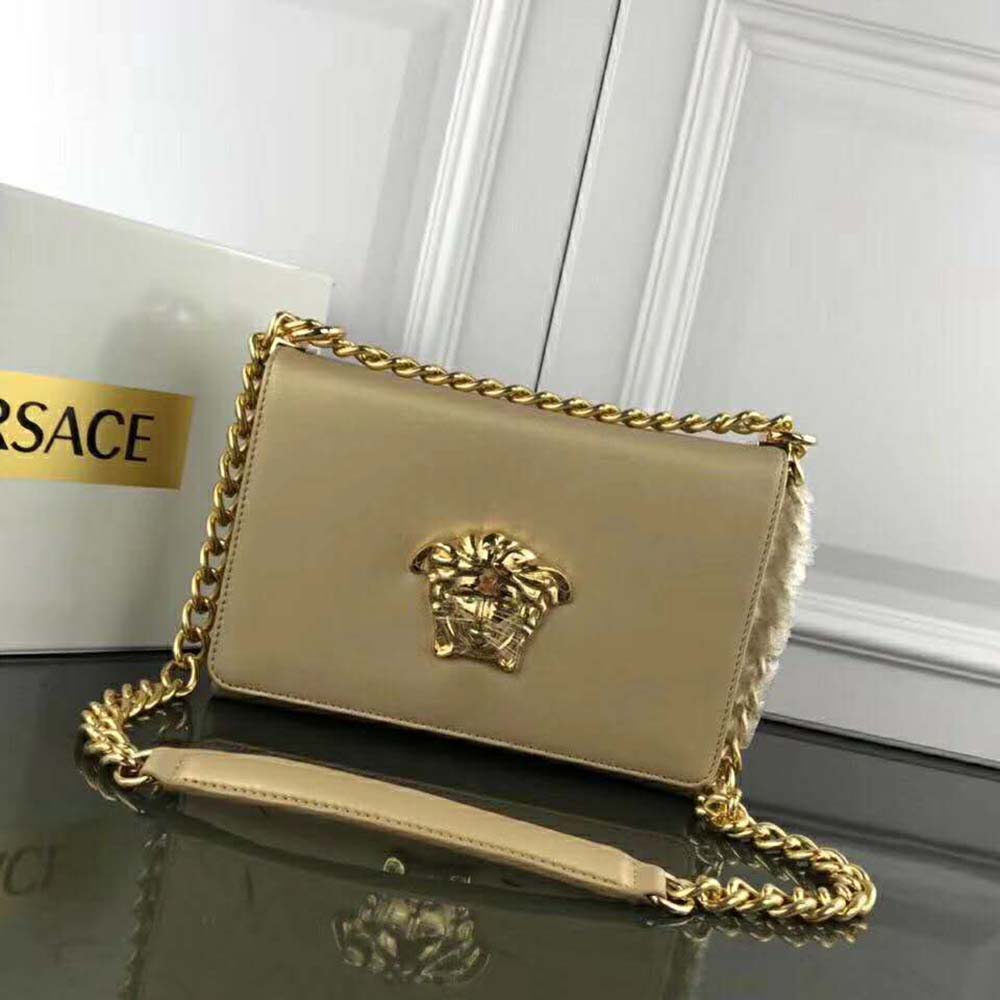 Side view showing chain strap detail on Versace Women Laminated Palazzo Evening Bag
