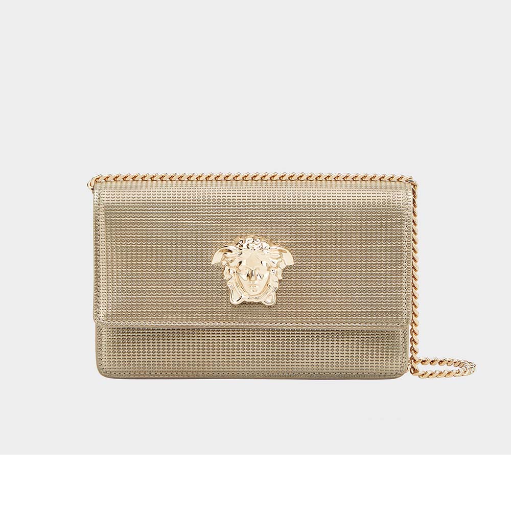 Front view of Versace Women Laminated Palazzo Evening Bag-Gold with flap closed
