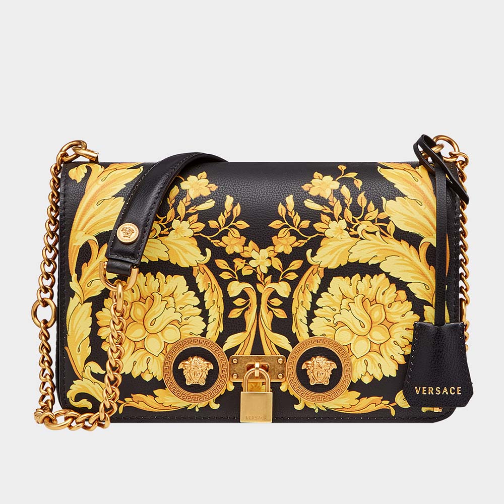 Front view of Versace Women Medium Barocco Icon Shoulder Bag Calf Leather-Black