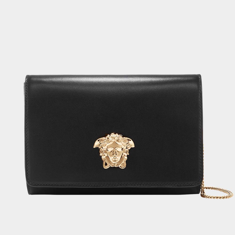 Front view of Versace Women Medusa Head Evening Clutch Bag-Black with gold emblem