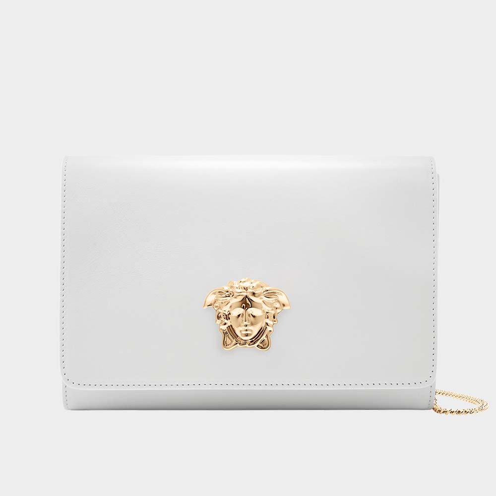 Front view of Versace Women Medusa Head Evening Clutch Bag-White