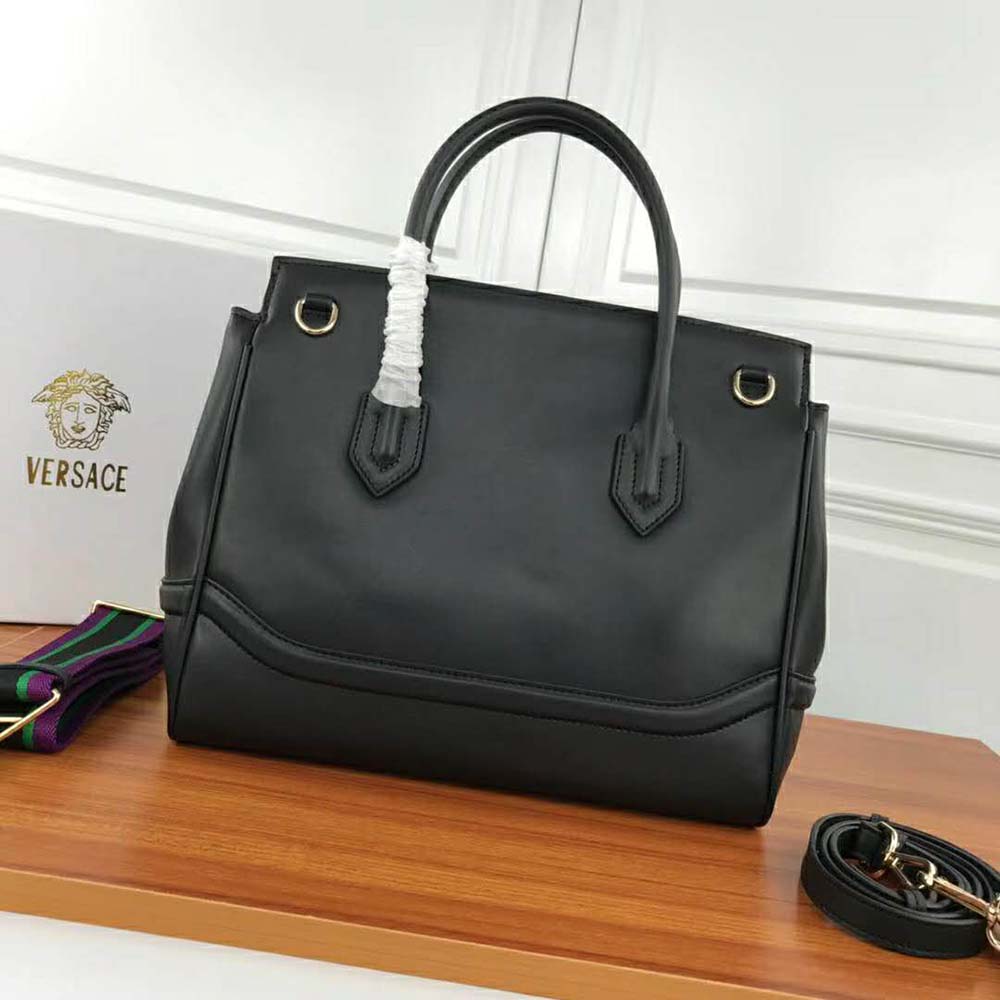 Side angle showing smooth black leather and zipper closure on Versace Women Palazzo Empire Large Bag-Black