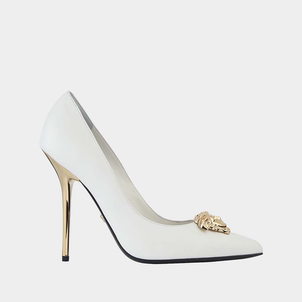 Side view of Versace Women Palazzo Pumps Leather Shoes-White showcasing silhouette