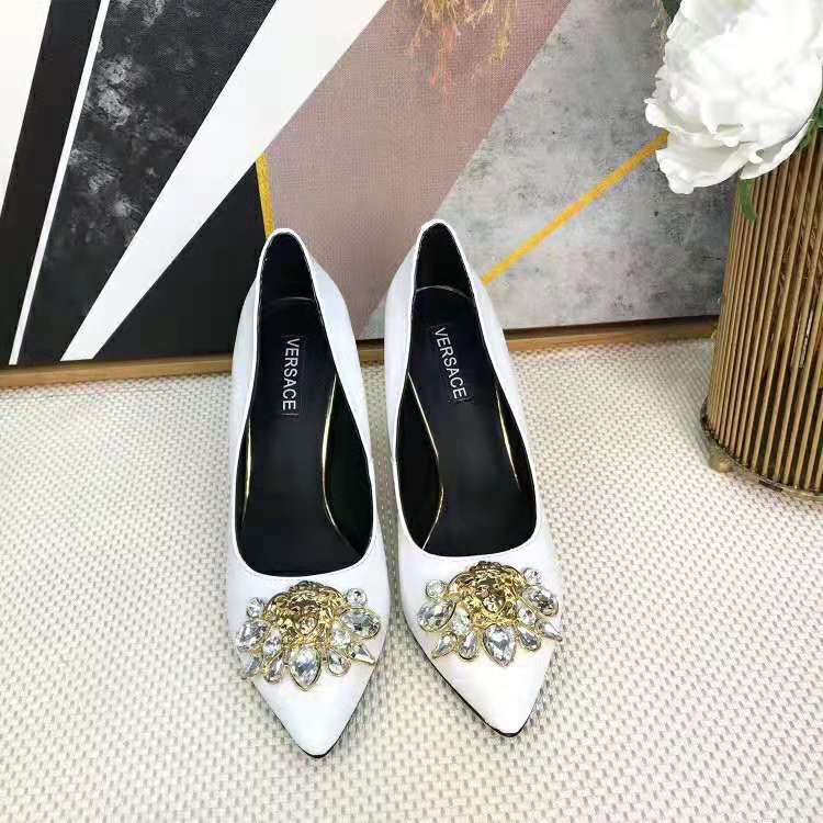 Top view of Versace Women Palazzo Pumps Leather Shoes-White highlighting pointed toe