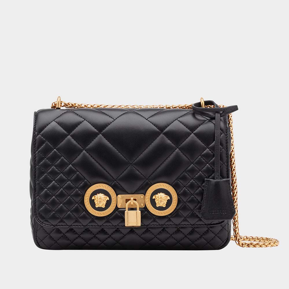 Front view of Versace Women Quilted Icon Shoulder Bag in Nappa Leather-Black