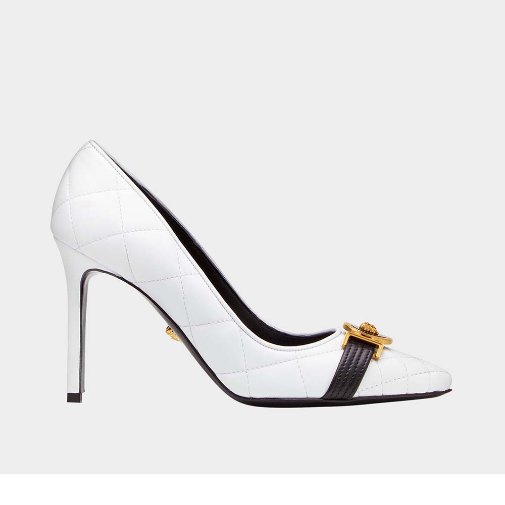 Side view of Versace Women Quilted Nappa Leather Icon Pumps 95mm Heel-White