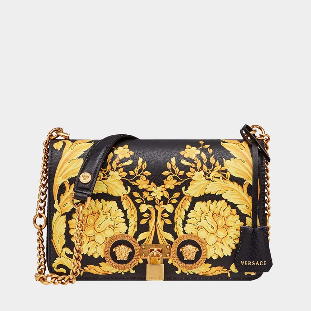 Front view close-up of Versace Women Small Barocco Icon Shoulder Bag Calf Leather-Black