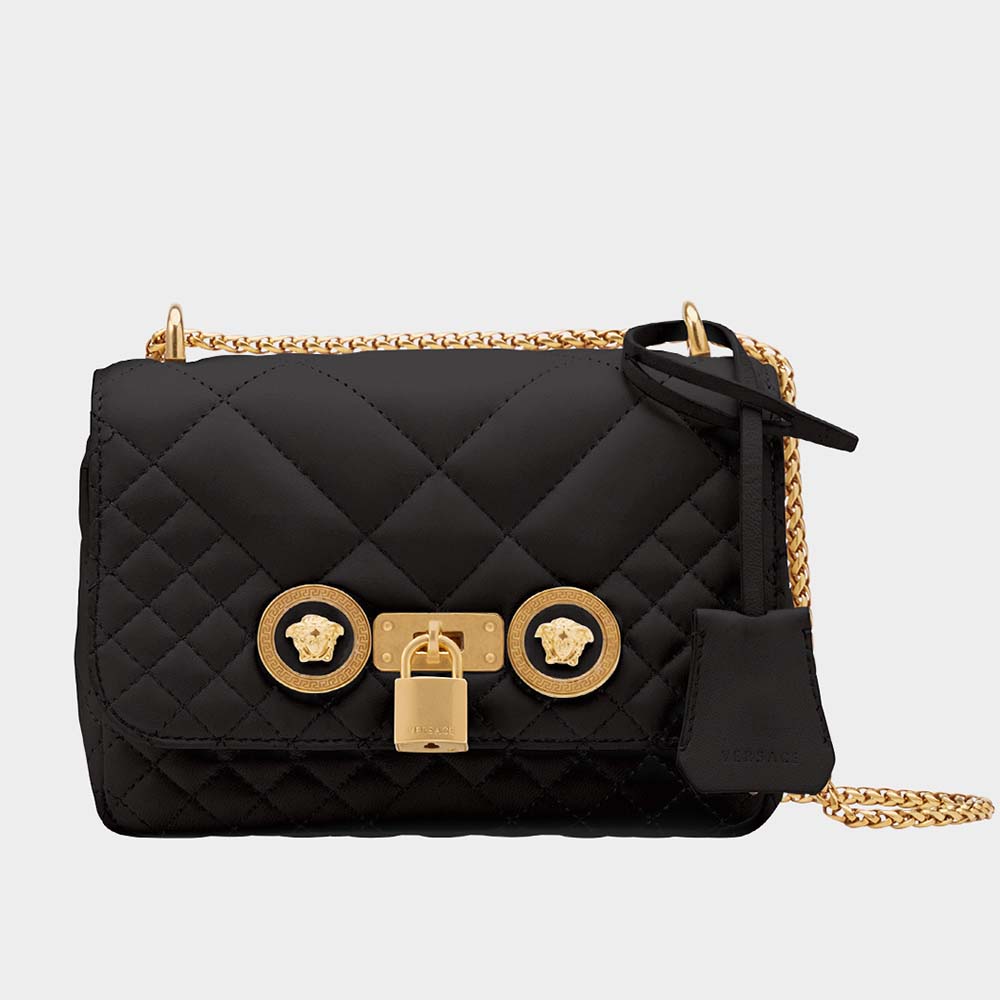 Front view of Versace Women Small Quilted Icon Shoulder Bag Nappa Leather-Black