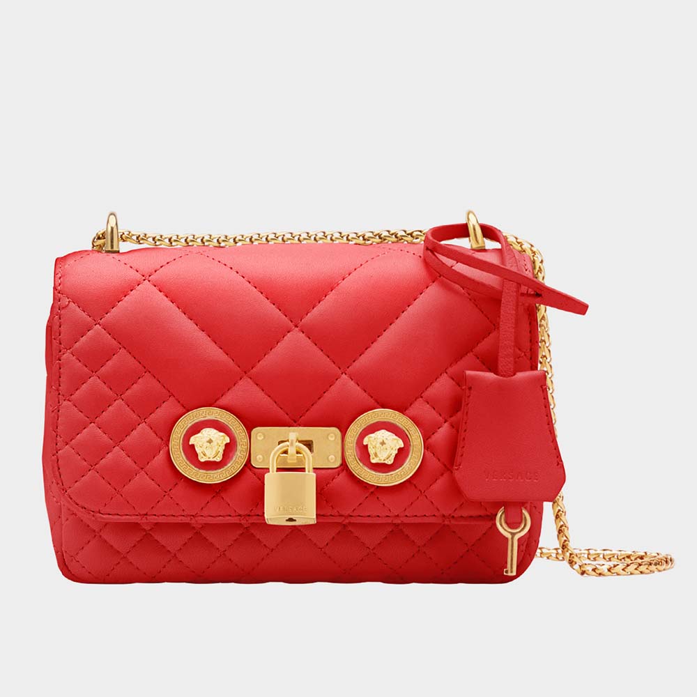 Front view of Versace Women Small Quilted Icon Shoulder Bag Nappa Leather-Red