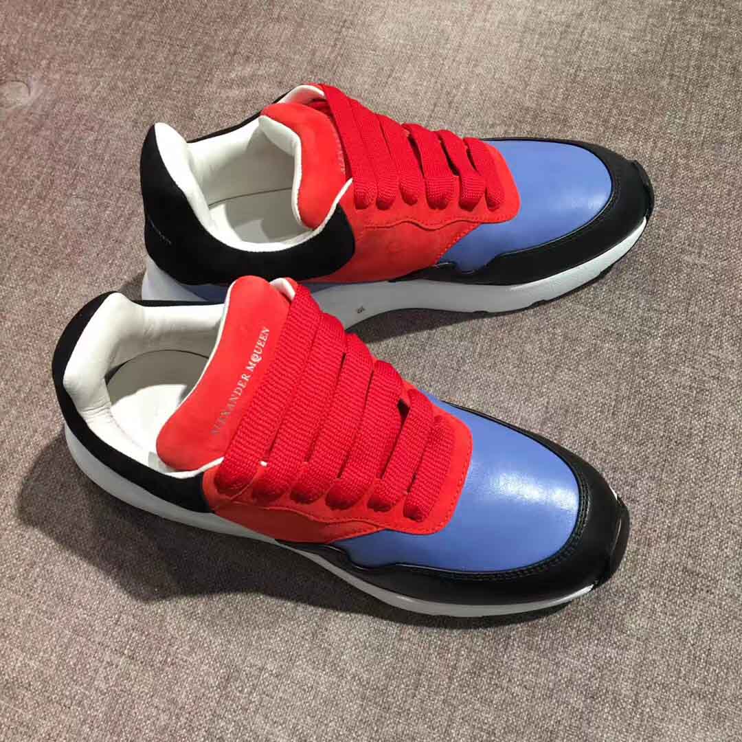 Close-up of red leather and fabric upper on Alexander McQueen Unisex Runner Shoes-Red