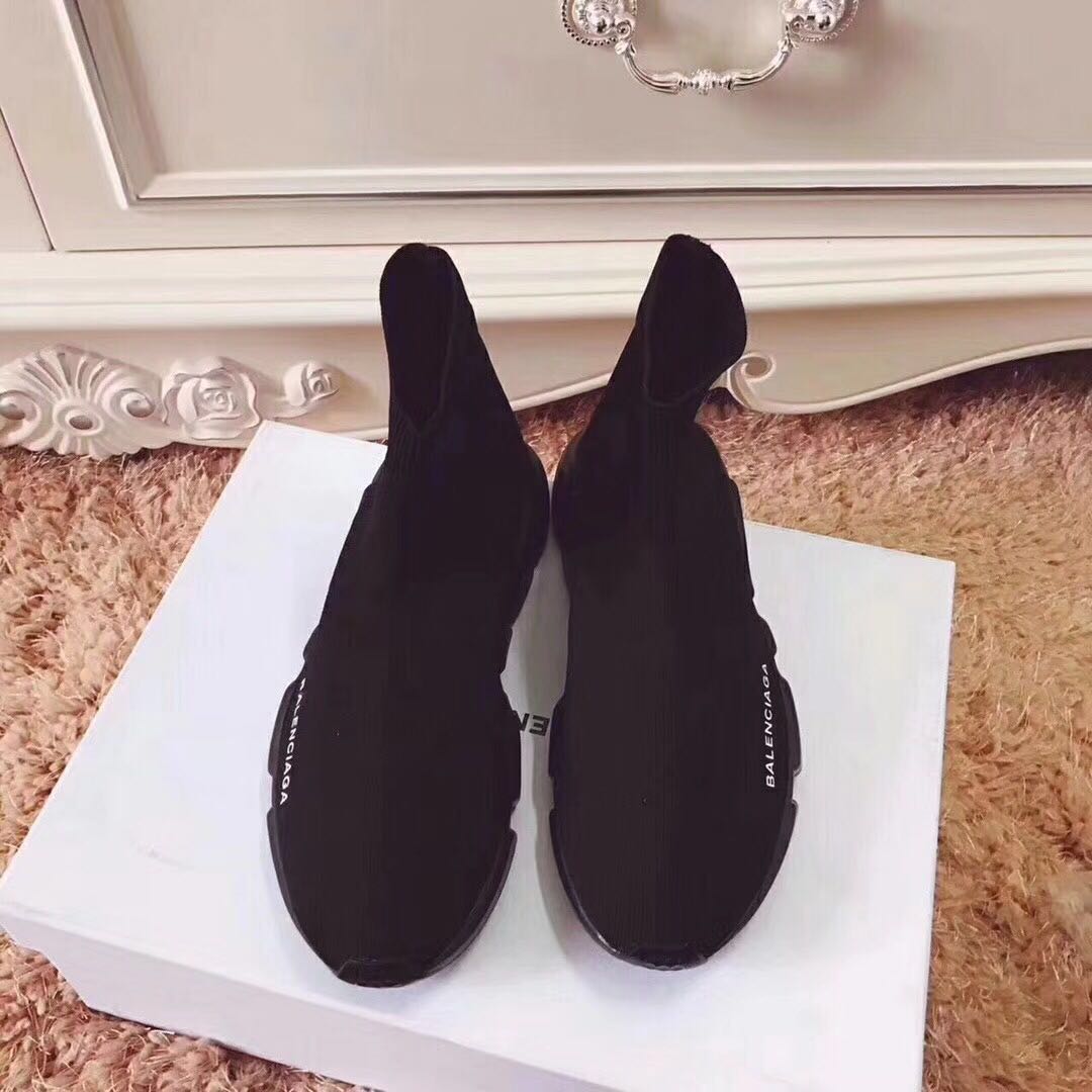 Top view of black Balenciaga Unisex Speed Trainer Shoes showcasing elastic ankle cuff