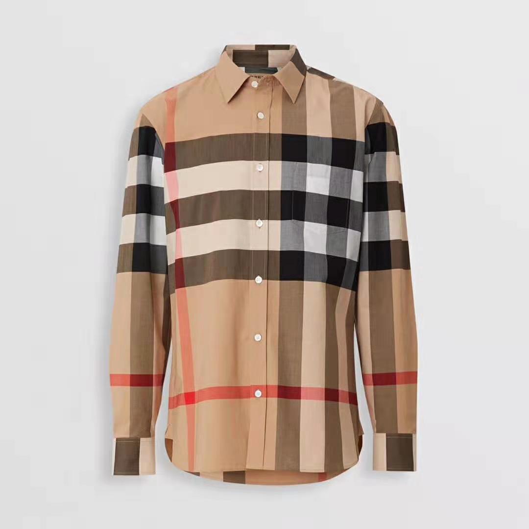 Front view of Burberry Men Check Stretch Cotton Shirt-Brown on mannequin