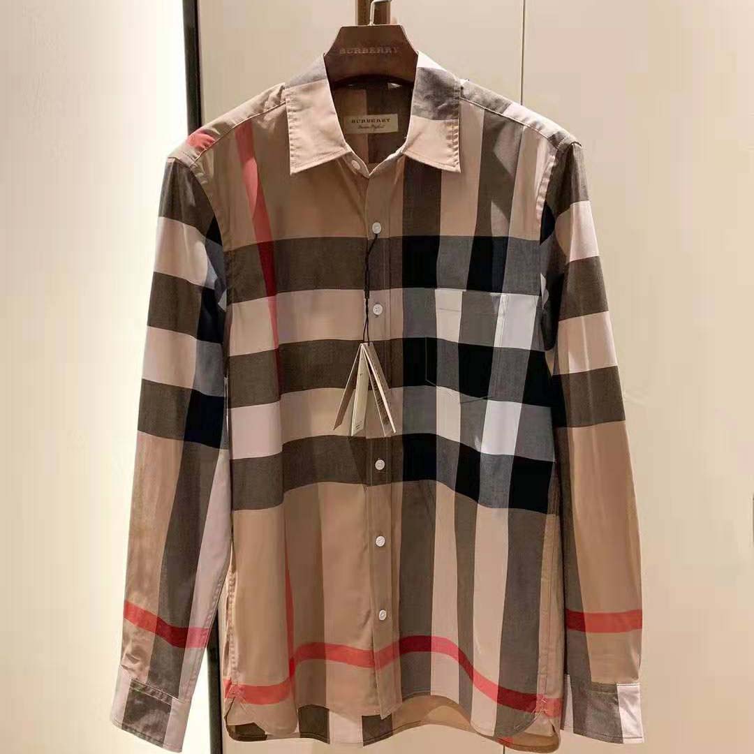 Side angle showing fit and stretch fabric of Burberry Men Check Stretch Cotton Shirt-Brown