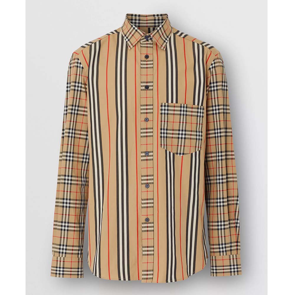Front view of Burberry Men Classic Fit Patchwork Cotton Poplin Shirt-Brown