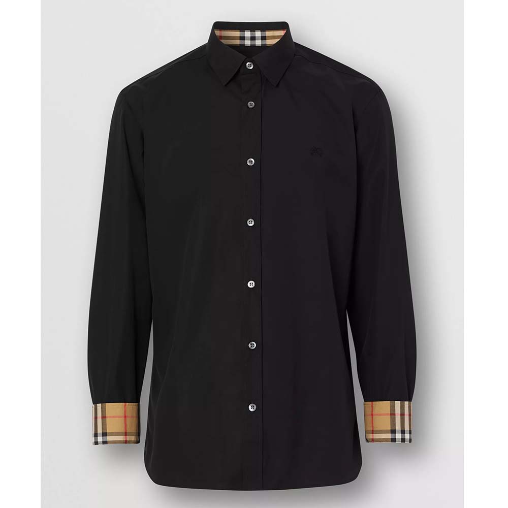 Front view of Burberry Men Stretch Cotton Poplin Shirt-Black