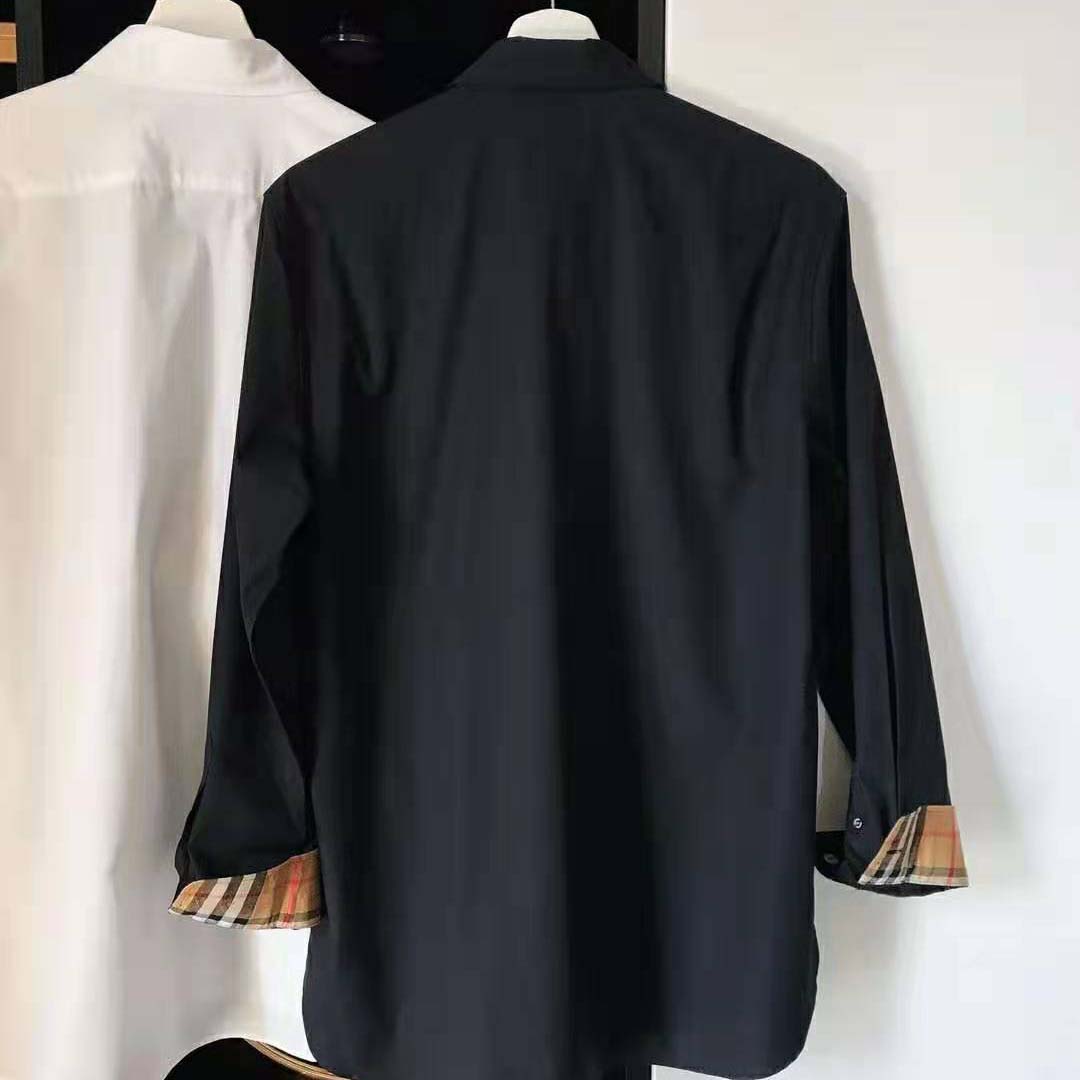 Side angle showing slim fit of Burberry Men Stretch Cotton Poplin Shirt-Black