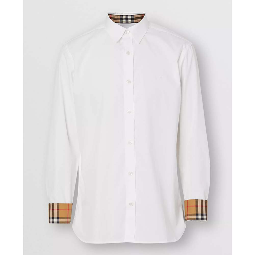 Front view of Burberry Men Stretch Cotton Poplin Shirt-White with button closure