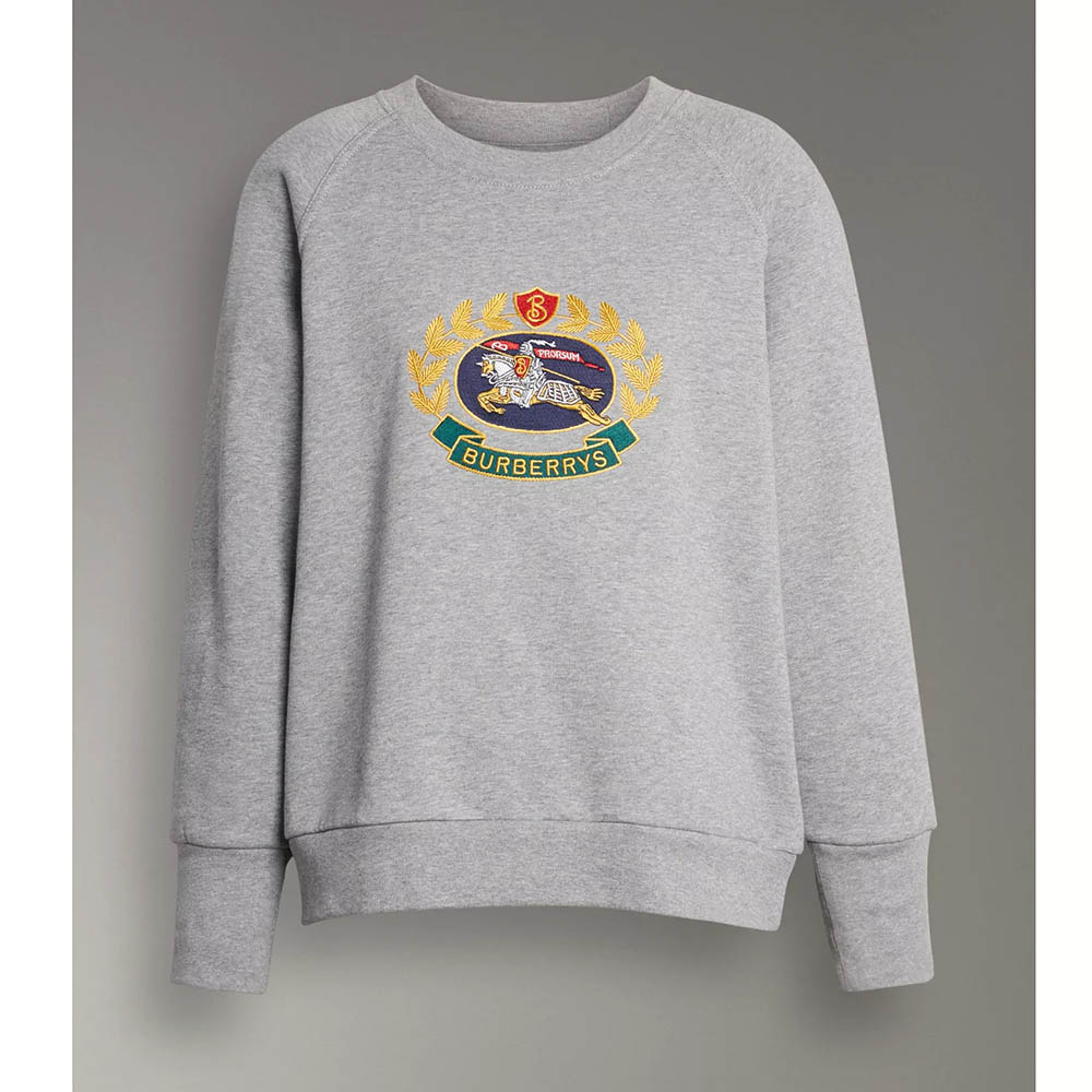 Front view of Burberry Unisex Embroidered Archive Logo Jersey Sweatshirt-Silver