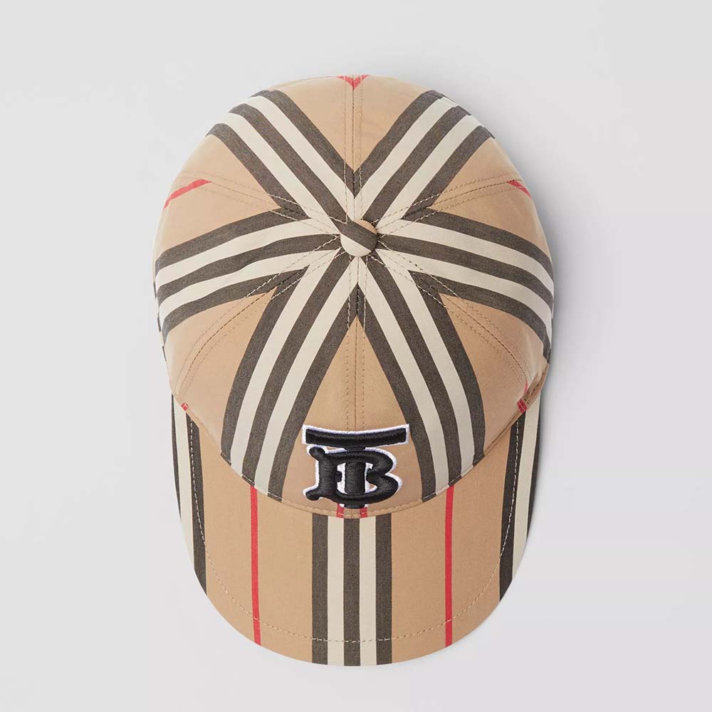 Front view of Burberry Unisex Icon Stripe Baseball Cap-Brown showing signature stripe