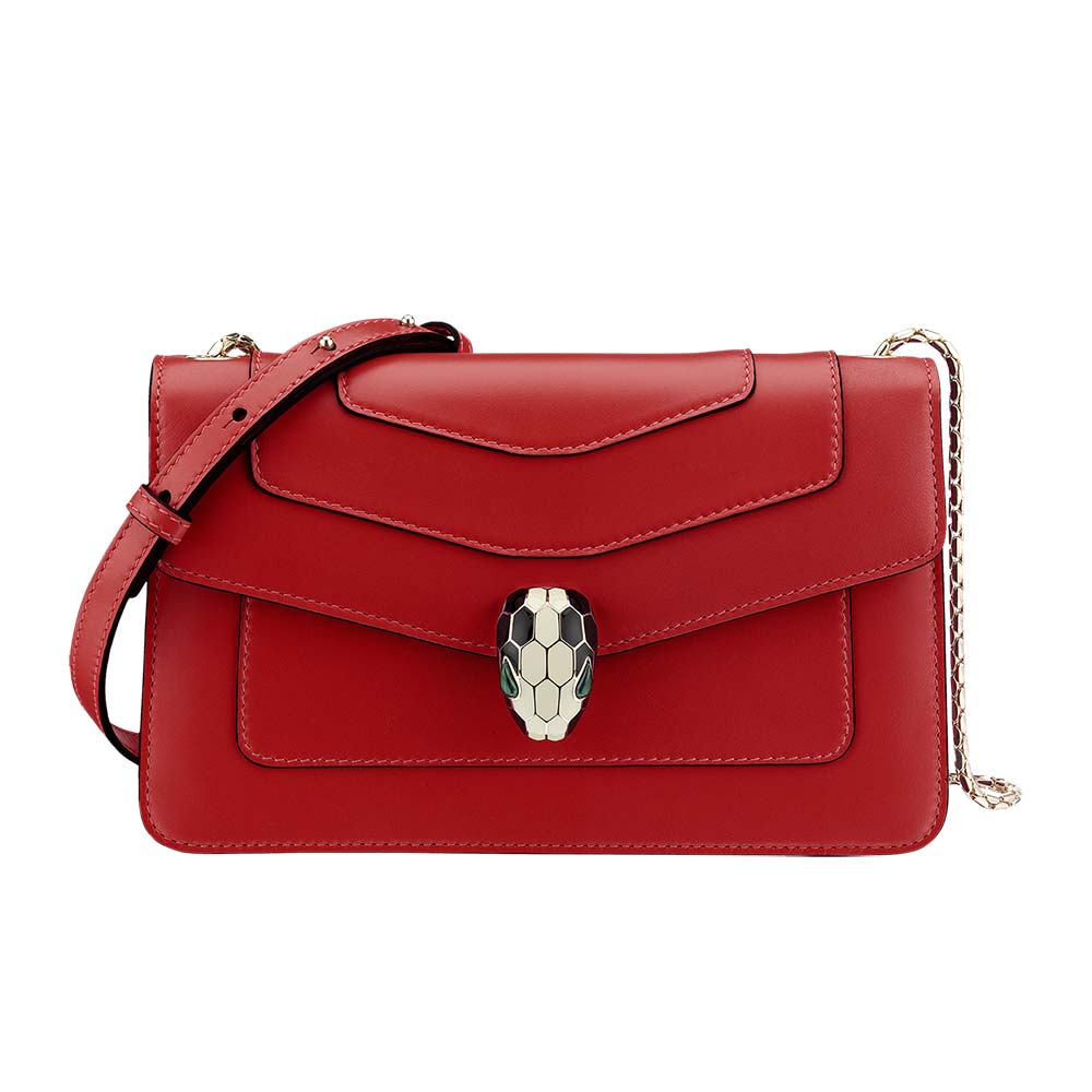 Front view of Bvlgari Women Flap Cover Bag Serpenti Forever in red calfskin