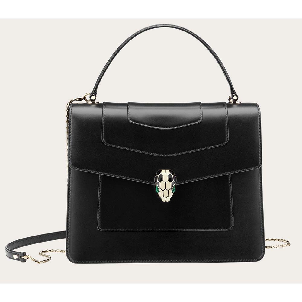 Front view of Bvlgari Women Large Flap Cover Bag Serpenti Forever in black calfskin