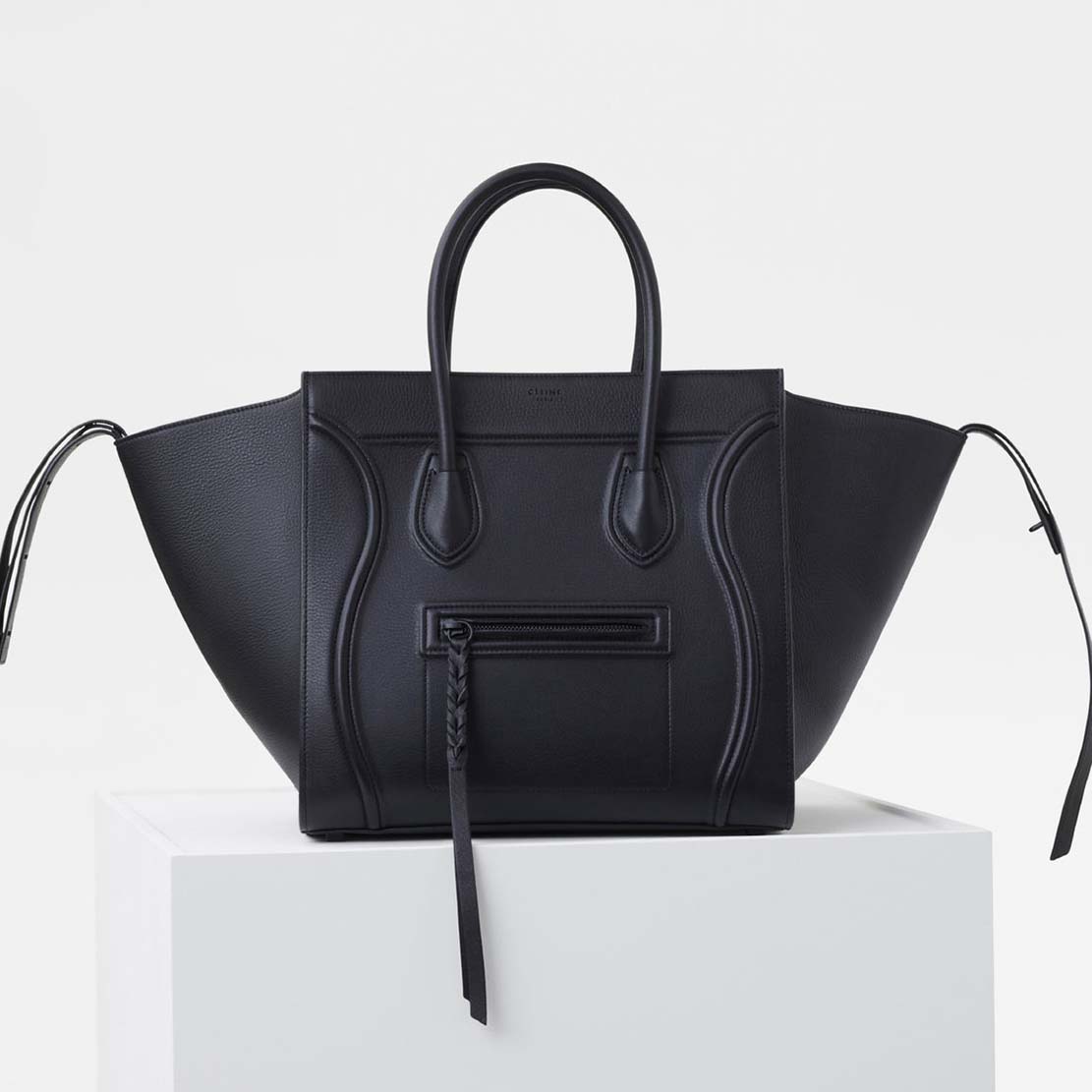 Front view of Celine Medium Luggage Phantom Bag in Black calfskin